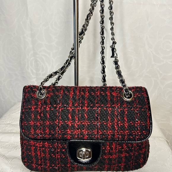 Paradox Leather Handbags - PARADOX LEATHER red and black Chic Tweed/Leather Shoulder Bag with chain strap